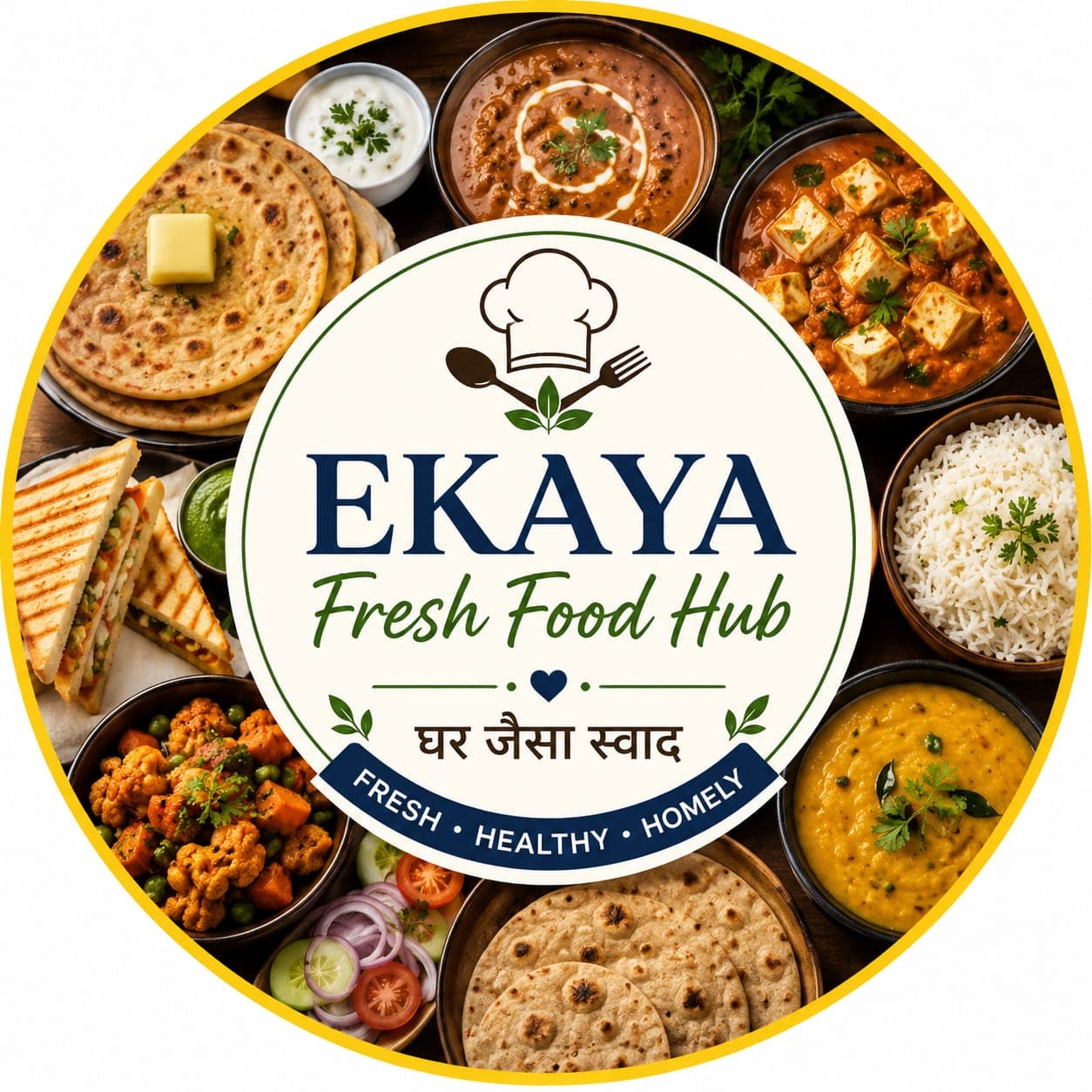 A full Ekaya thali — paratha, dal makhani, kadhai paneer, rice, raita and fresh tawa roti
